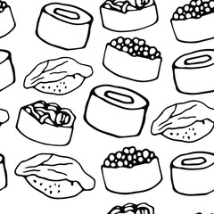 Sushi, Japanese roles with kale, caviar, salmon, trout, tuna are great design for any purposes. Seamless pattern for marketing design.  Japanese traditional food. Doole vector pattern.
