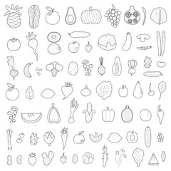 Healthy food concept. Black outline big collection with fruits and vegetables. Flat vector illustration.