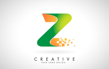 Letter Z Logo Design in Bright Colors with Shattered Small blocks on white background.