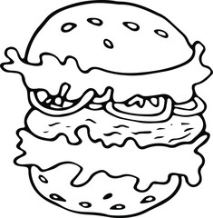 Retro sketch illustration with burger on white background. Fast food menu.  American food. Doodle vector illustration.