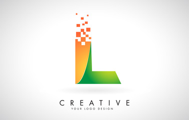 Letter L Logo Design in Bright Colors with Shattered Small blocks on white background.