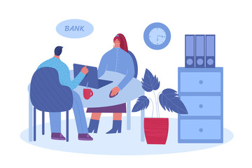 Banking concept. A bank employee woman advises a client. Vector illustration.