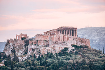 Sunset view of the Acropolis (Parthenon temple) in Athens