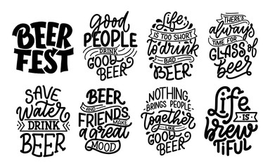 Fototapeta premium Set with lettering quotes about beer in vintage style. Calligraphic posters for t shirt print. Hand Drawn slogans for pub or bar menu design. Vector