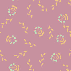 Abstract floral seamless pattern in scandinavian style with flowers and leaves on a pink rose background, raster illustration