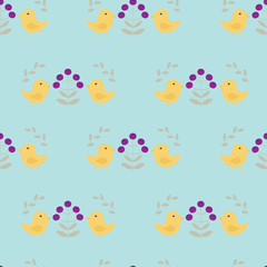 Seamless pattern with birds, flowers and leaves in scandinavian style, on a light blue background, raster illustration