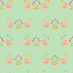 Seamless pattern with birds, flowers and leaves in scandinavian style, on a light green background, raster illustration
