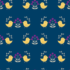 Spring seamless pattern with birds, flowers and leaves in scandinavian style, on a blue background, raster illustration
