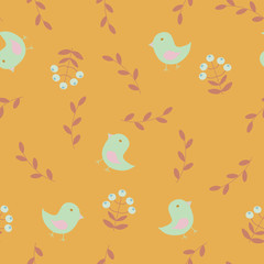 Abstract seamless pattern in scandinavian style with  birds, flowers and leaves on a mustard yellow background, vector illustration
