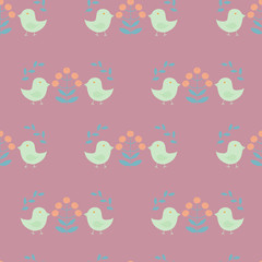 Seamless pattern in scandinavian style with  birds, flowers and leaves on a pink rose background, vector illustration