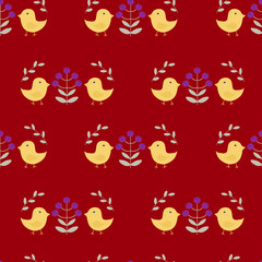 Seamless pattern in scandinavian style with  birds, flowers and leaves on red background, vector illustration