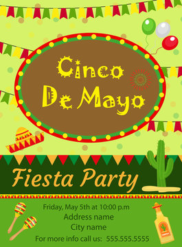 Cinco de Mayo invitation template, flyer. Mexican holiday postcard. illustration.