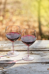 two glasses of red wine in the background of a beautiful natural landscape