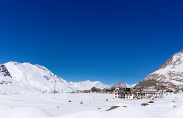 Fototapeta na wymiar Kaza village along Spiti river at a height of around 3800 meters in Sipti valley, northern Himalayas.
