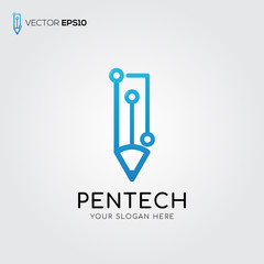 blue pencil logo template with a technology theme, very suitable for technology company logo templates, brands, pencil stores etc.