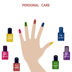 Personal home care - manicure, hand, multi-colored bottles of nail polish - isolated on white - vector. Quarantine. Pandemic. Stay at home. Beauty fashion. Mental health