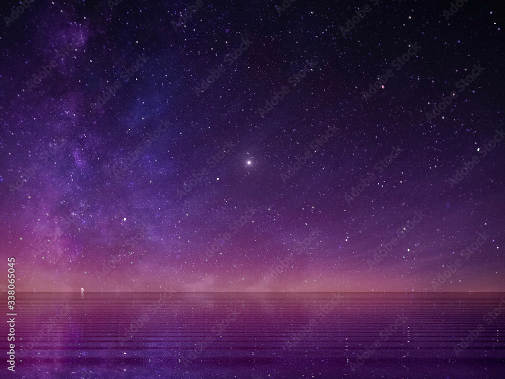 Wall mural full moon on night starry sky at sea lilac pink sunset sky stars summer sea dark blue water reflecti