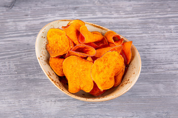 Potato chips with peperoni pepper fried on sunflower oil