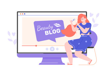 Girl watching beauty blog haircut and hairstyle tutorial. Online training in the field of beauty. Vector flat illustration.