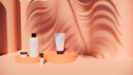 cosmetic bottle mockup set on pastel background with leaves shadow,3d rendering design