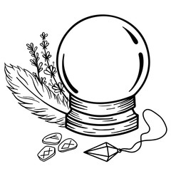 Magic crystal ball for divination. A magic prediction ball with magic things around it. Perfect for tattoos and t-shirts