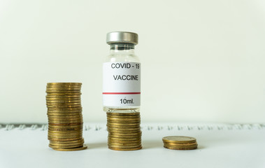 Vaccine anti virus with many piles of coin group on white background