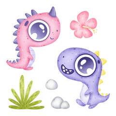 Cute cartoon tropical dinosaurs set on a white background