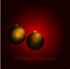 Christmas greetings with bright red background composed of decorations of shining metallic balls. Festival symbol. Celebration icon.