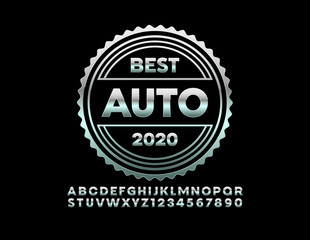 Fototapeta na wymiar Vector metal badge Best Auto 2020 with reflective chrome Font. Silver Alphabet Letters and Numbers