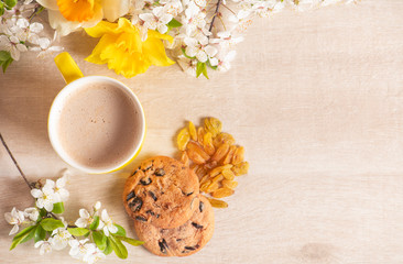 Morning breakfast. Cup of cappuccino, cookies with chocolate, grape raisin on the wooden background and spring flowers.