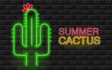 Neon cactus, beautiful green cactus, brick background, neon lights vector illustration