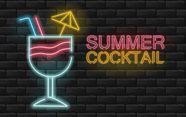 Summer cocktail neon light, brick background, vector illustration
