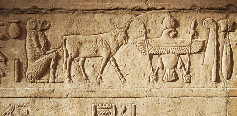 Ancient artifacts and hieroglyphics at the Temple of Hedfu, Egypt