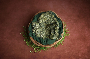 Newborn photography digital background prop. wicker basket with green fur  on a painted canvas.	