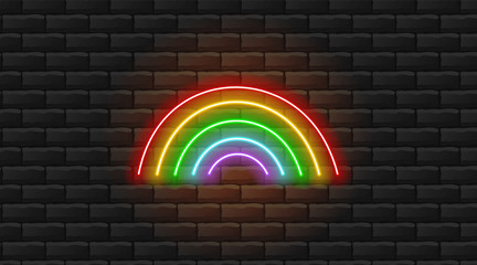 Neon rainbow, rainbow design, neon light, brick background vector illustration