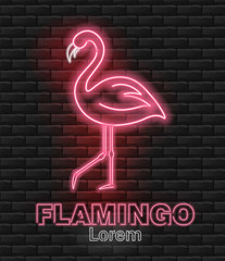 Flamingo neon, pink flamingo, hello summer, neon pink light, brick background, vector illustration