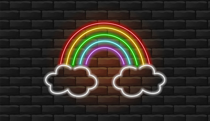Neon rainbow, rainbow design, neon light, brick background vector illustration