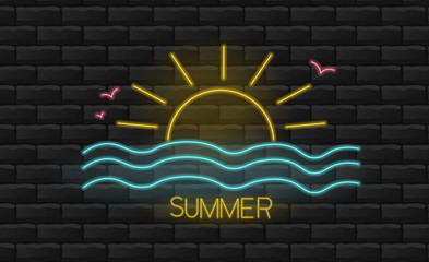 Hello summer, neon sun and sea light, summer background, neon light, brick background vector illustration