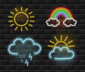 Sun, rainbow and rain neon light, set summer background, brick background, vector illustration