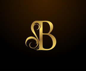 Graceful Initial B Gold Letter logo. Vintage drawn emblem for book design, weeding card, brand name, business card, Restaurant, Boutique, Hotel. 