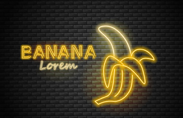 Banana neon, yellow, summer fruit, neon light, brick background, vector illustration