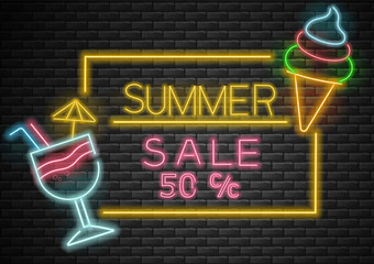 Hello summer, sale banner, 50 %, summer background, neon light, cocktail and ice cream neon vector illustration
