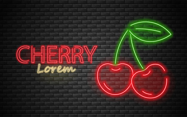 Cherry neon, summer fruit, neon light, brick background, vector illustration