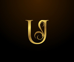 Graceful Initial U Gold Letter logo. Vintage drawn emblem for book design, weeding card, brand name, business card, Restaurant, Boutique, Hotel. 