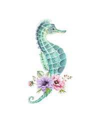 blue seahorse with a delicate bouquet of flowers, watercolor illustration
