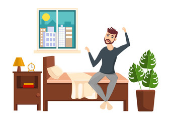 Interior concept flat style. A young man wakes in the morning vector illustration