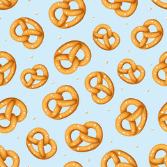 Vector seamless pattern with pretzels on a blue background.