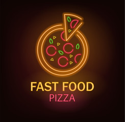 Pizza neon, fast food neon, delicious pizza, neon light, vector illustration