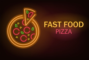 Pizza neon, fast food neon, delicious pizza, neon light, vector illustration