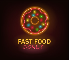 Donut neon, fast food neon, delicious breakfast, neon light, vector illustration